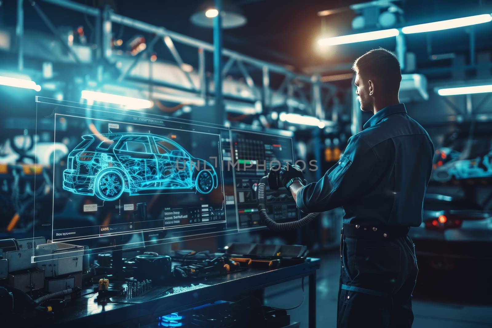 A technician operates advanced diagnostic equipment in a modern automotive repair shop, with high-performance cars in the background