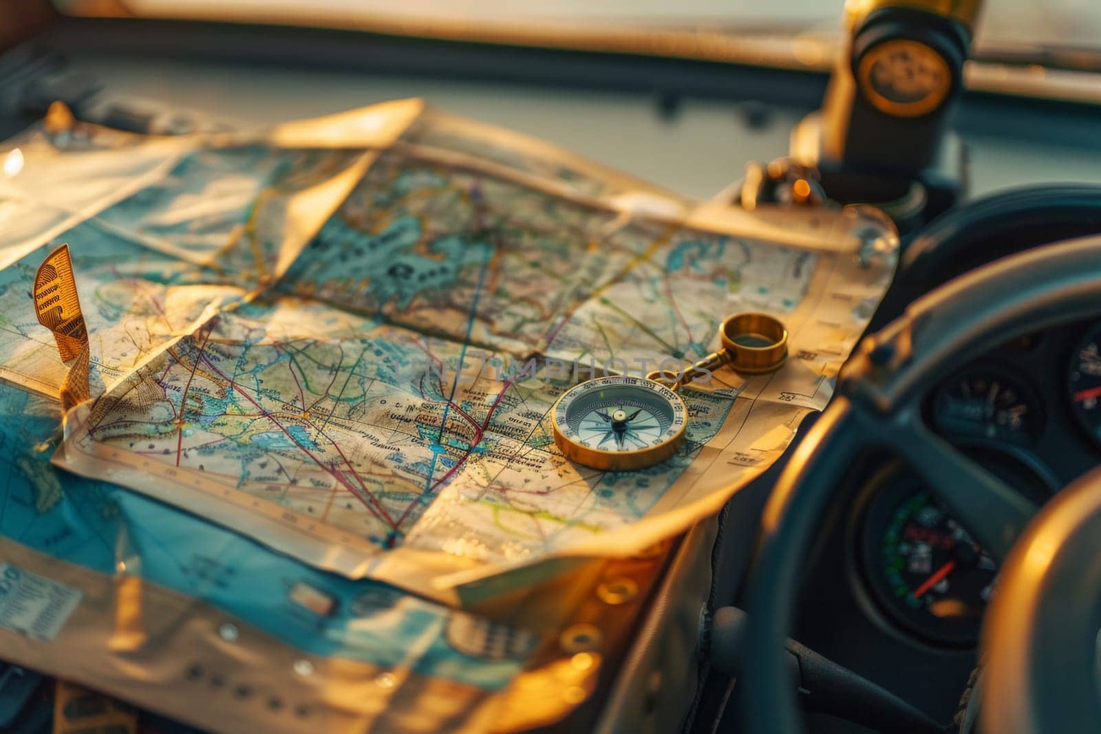 A compass and map spread across a car dashboard, ready for a road trip, with a breathtaking mountainous landscape stretching out in front of the car