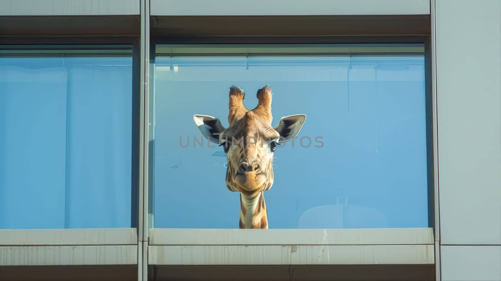 Giraffe in the city. A giraffe near the window of an office building. by natali_brill
