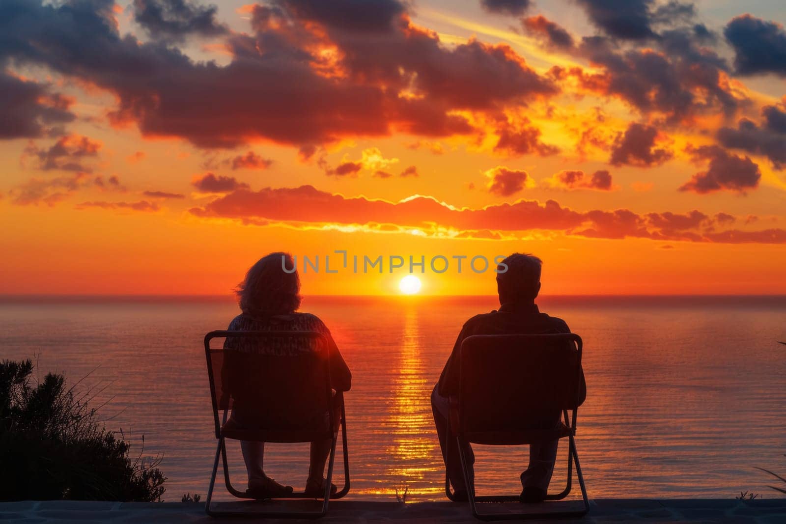 A retired couple enjoys a serene sunset from their comfortable chairs overlooking the ocean, capturing a moment of peaceful reflection and togetherness in a picturesque setting.