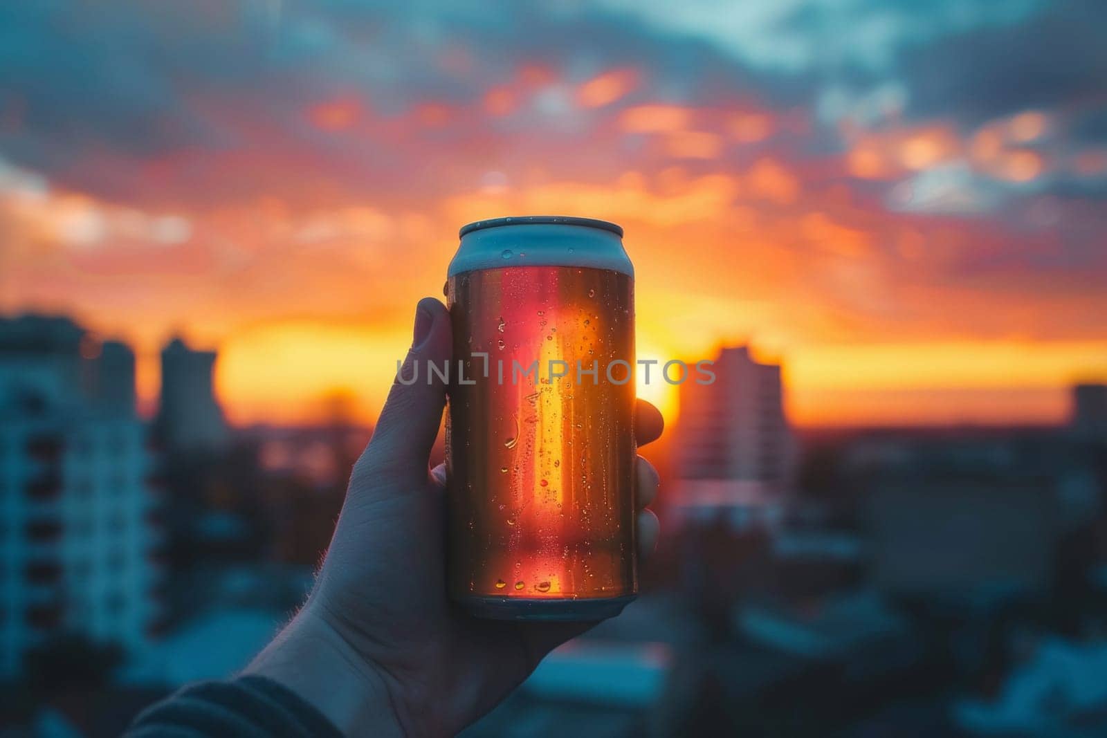 A hand holds up a chilled can of craft beer against a vibrant sunset backdrop, the warm light highlighting the condensation on the can