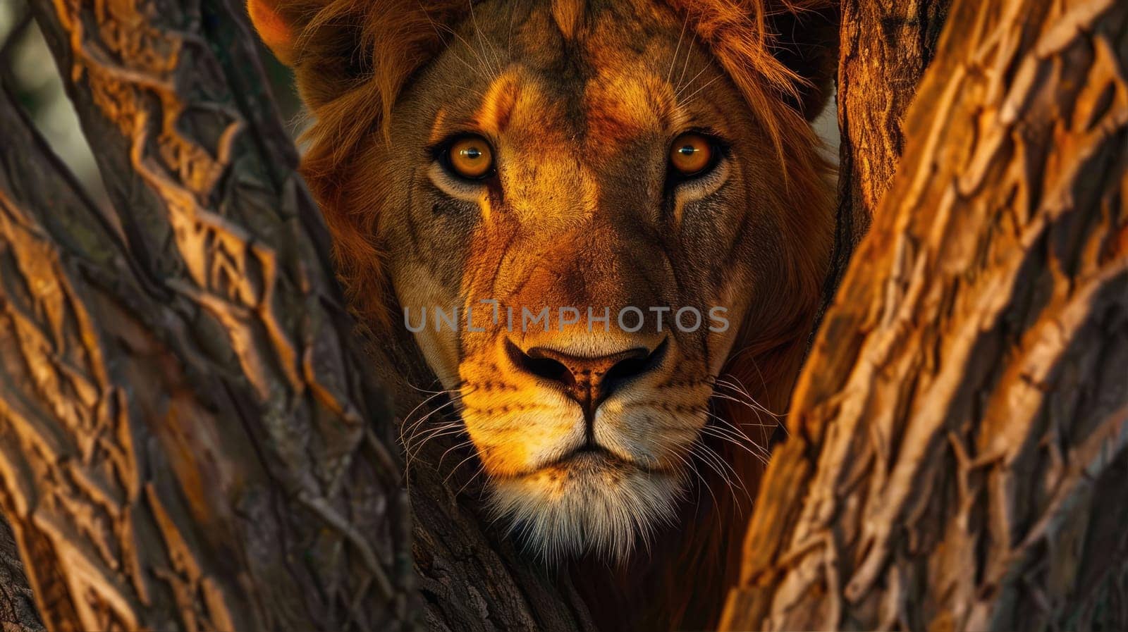 Large lion hiding in branches and leaves of a big tree. by natali_brill