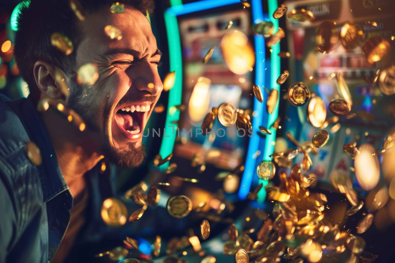 A young man exudes extreme joy with a wide-open mouth, laughing as he is showered with golden coins in a lively casino setting.