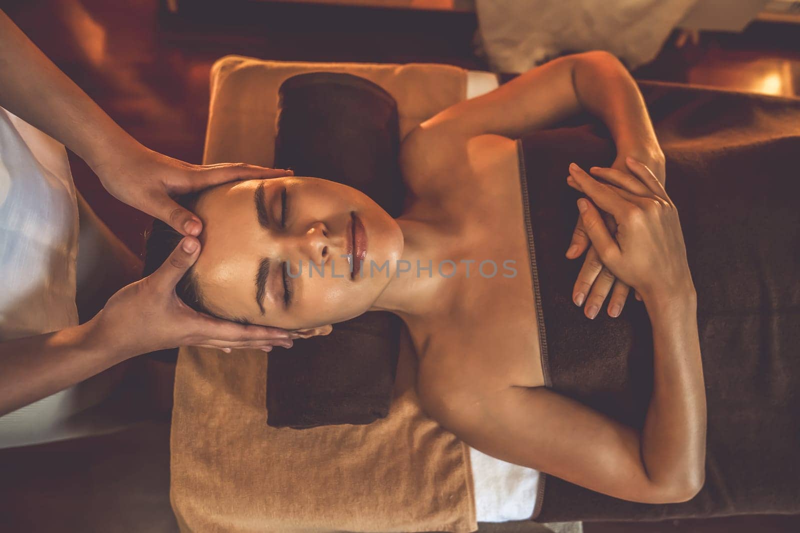 Caucasian woman enjoying relaxing anti-stress head massage. Quiescent by biancoblue