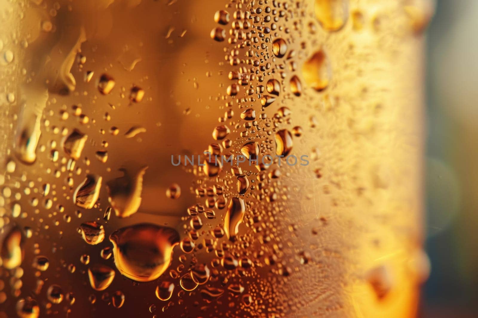 A close-up of a glass of cold craft beer, the condensation beads creating an inviting texture against a blurred warm background