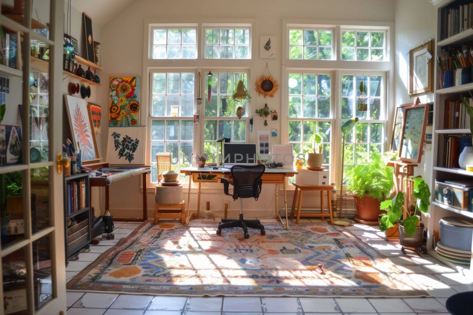 A cozy artist's home studio bathed in sunlight, with a painting in progress, surrounded by books, plants, and personal treasures that inspire creativity