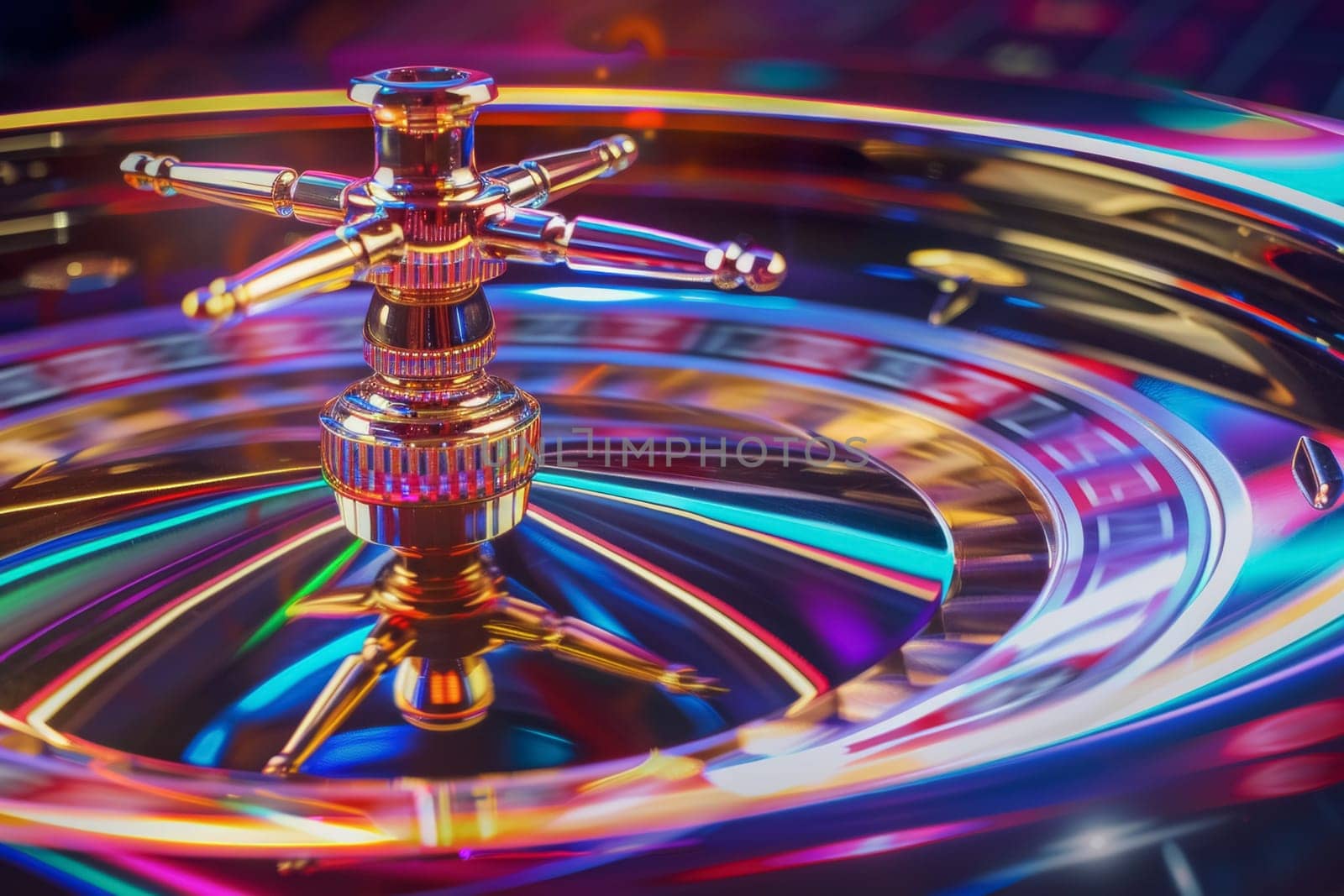 A vibrant close-up of a roulette wheel caught in mid-spin, with colors blurring into a display of motion and chance.