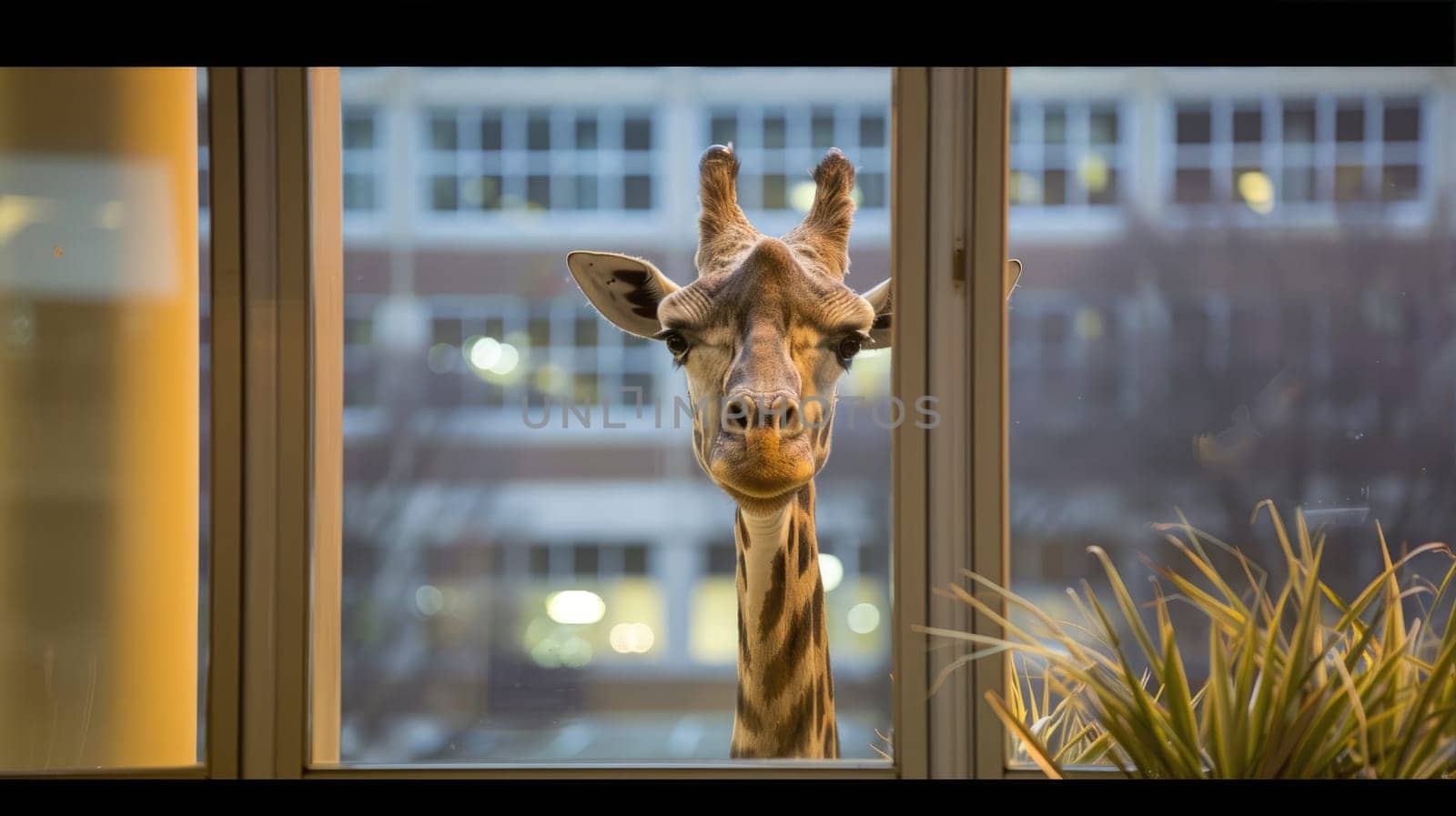 Giraffe in the city. A giraffe near the window of an office building. by natali_brill