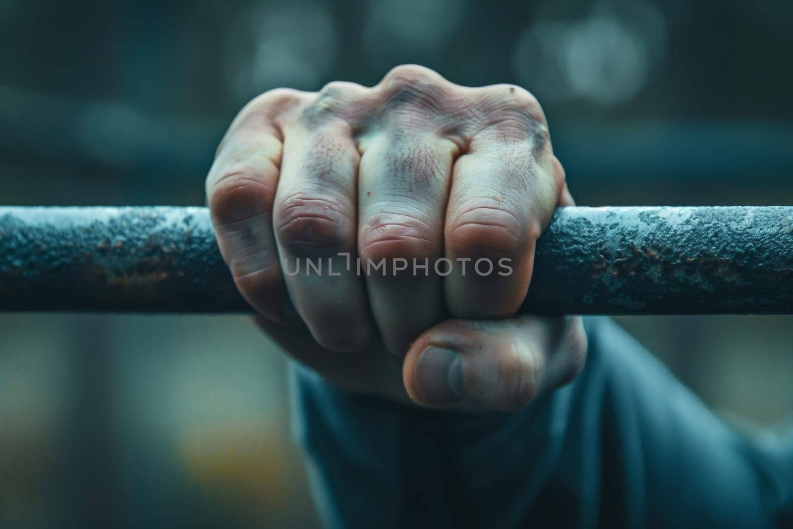 Close-up of a determined grip on a rehabilitation bar, showing the textures and effort in the hand's muscles and skin.