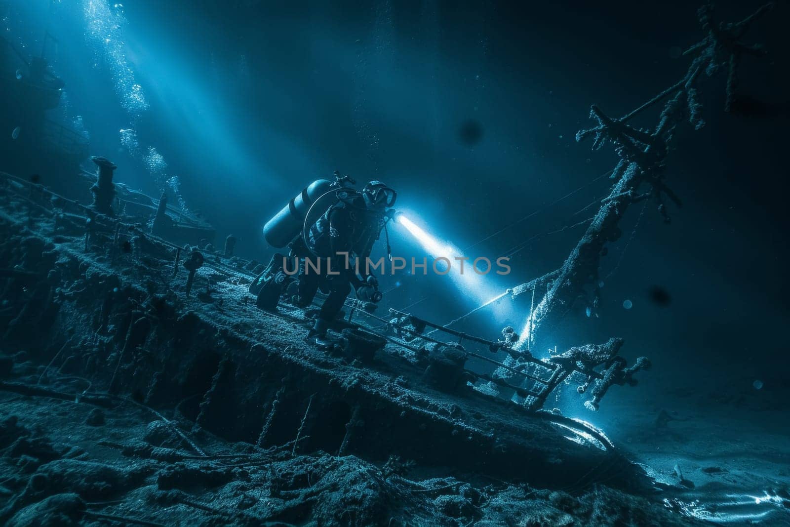 A diver with a flashlight explores the haunting depths of the ocean, casting light on the eerie remains of a sunken shipwreck