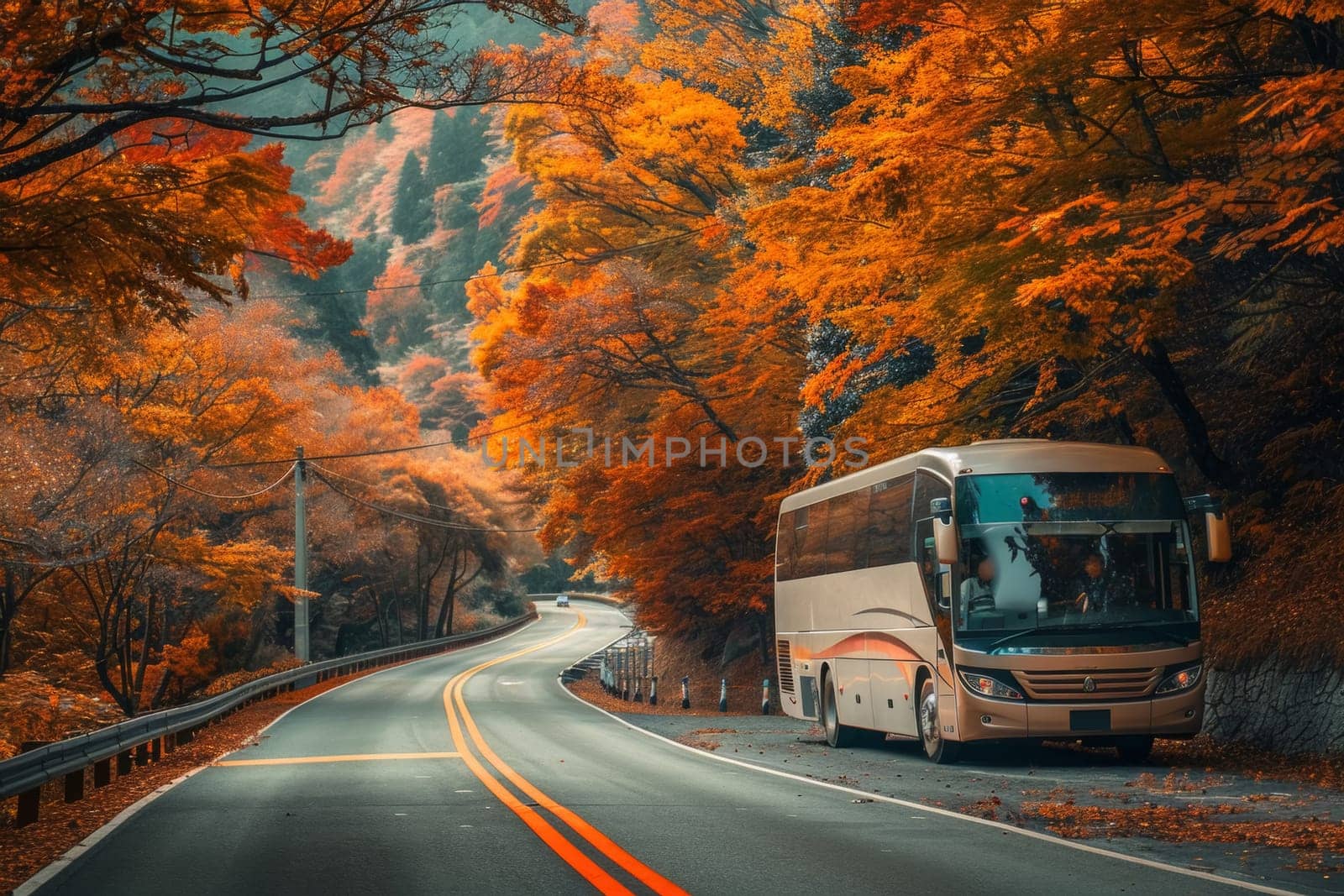 A bus driving on a road flanked by vibrant autumn foliage, a scene of seasonal travel.