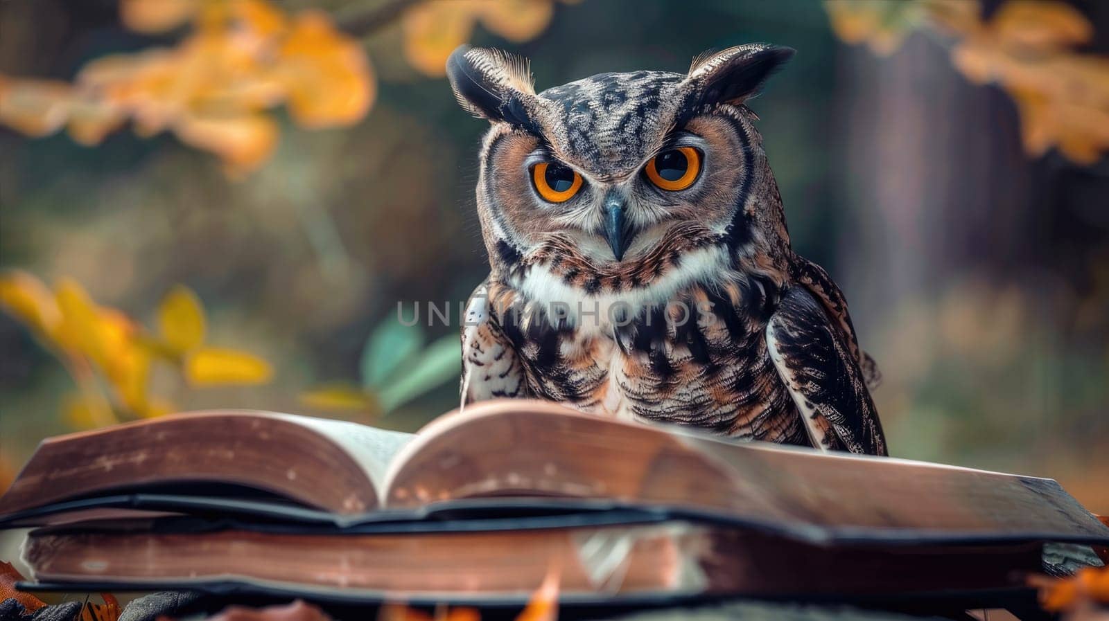 Owl with books. Symbol of wisdom and knowledge AI