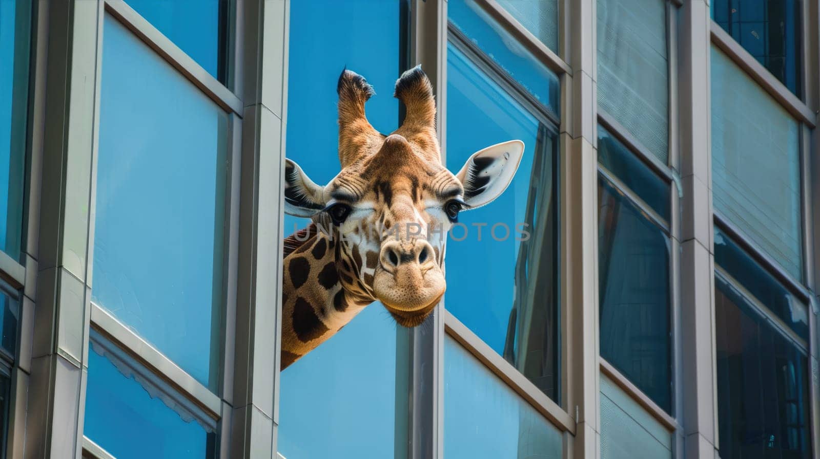 Giraffe in the city, looking up at skyscrapers. A giraffe near the window of an office building. AI