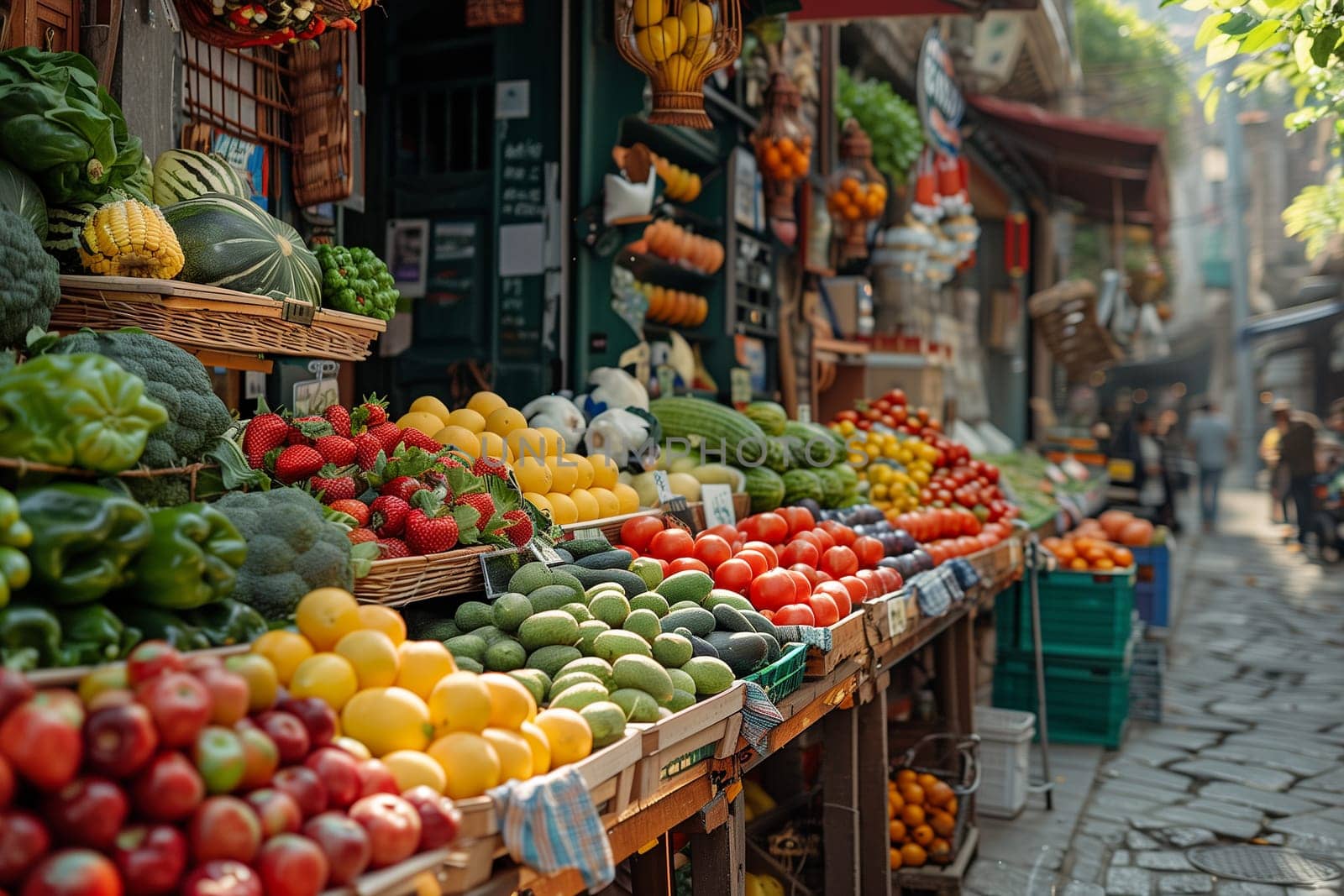 A vibrant fruit and vegetable stand set up on a historic cobblestone street, showcasing fresh produce to passersby.