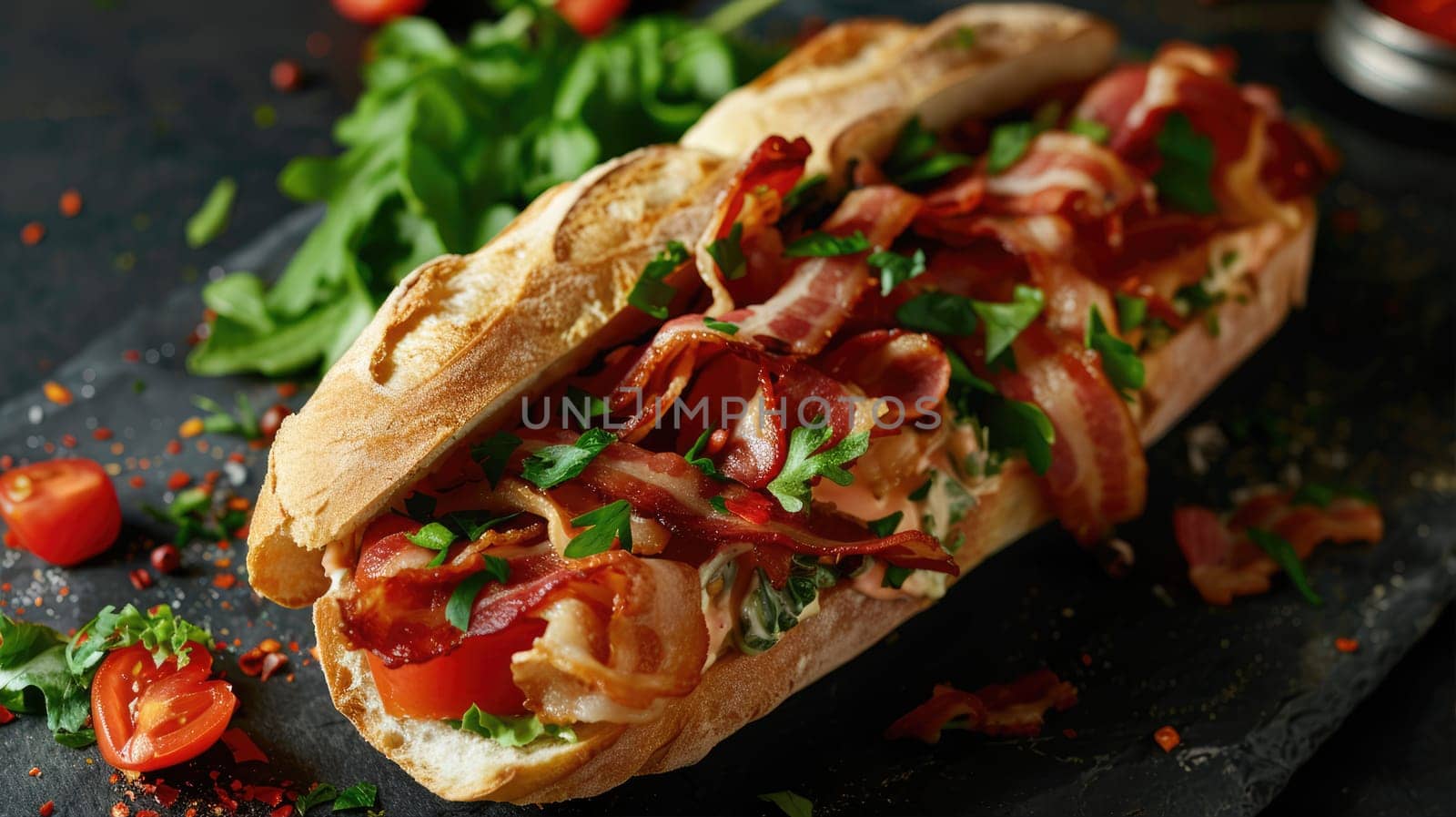 Sandwich with ciabatta and bacon filling on a dark background by natali_brill