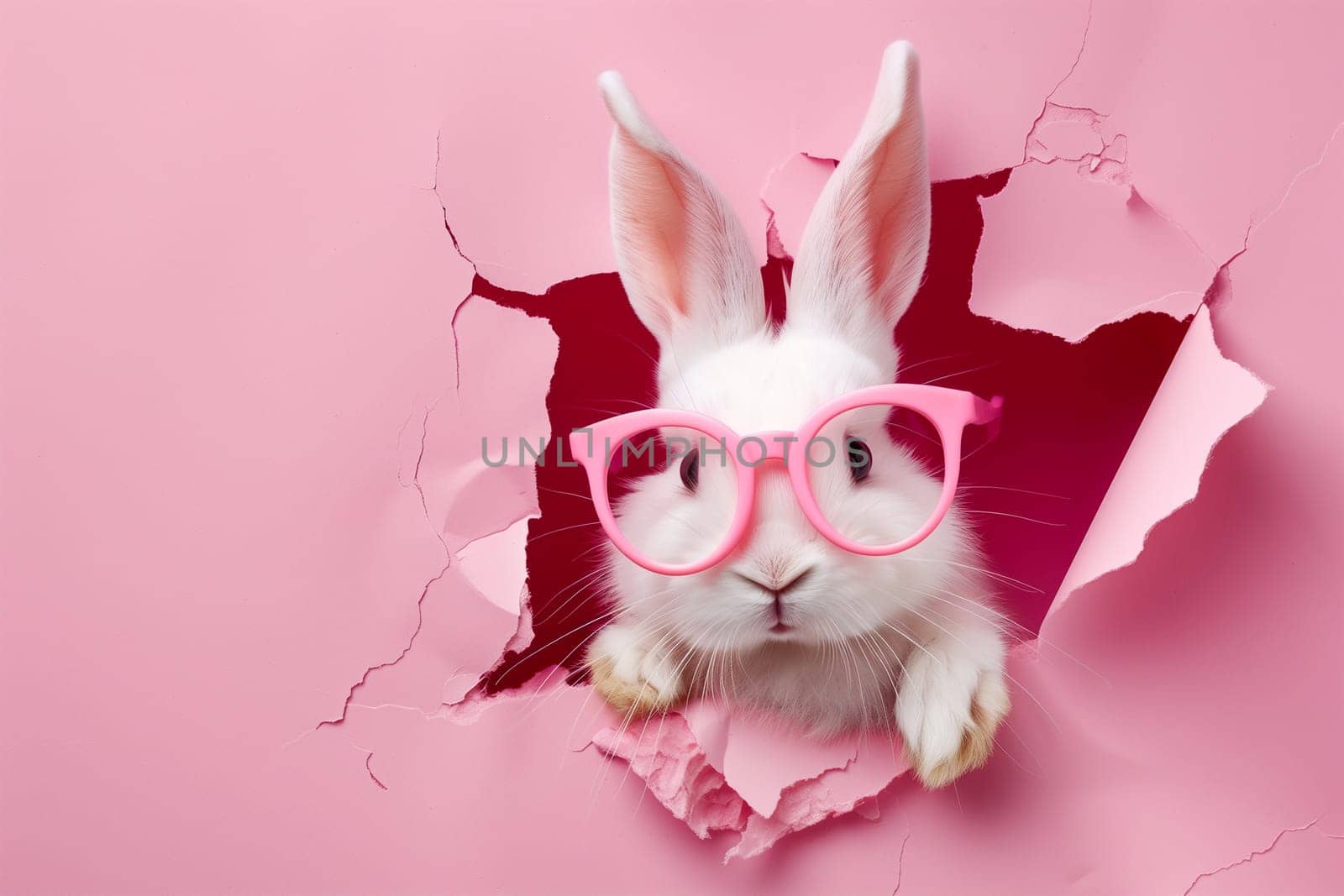 A white rabbit wears pink glasses as it peeks through a hole in a pink wall.