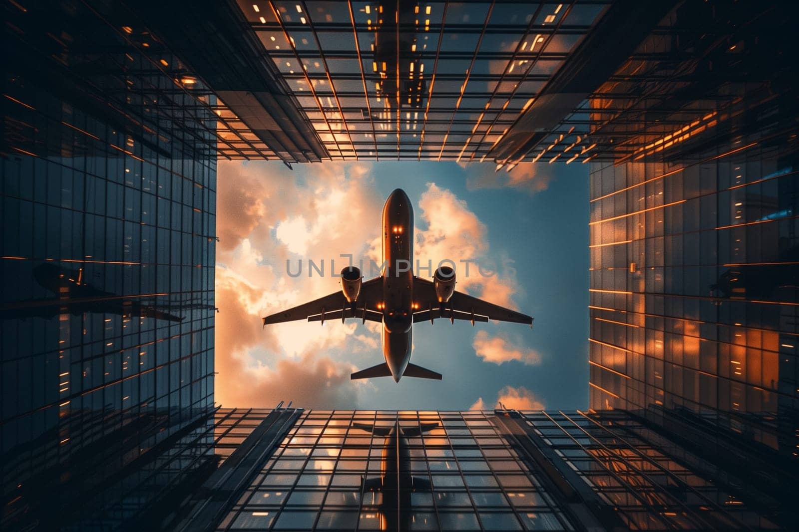 An airplane soars through the sky above a bustling city, showcasing the urban landscape from a unique perspective.