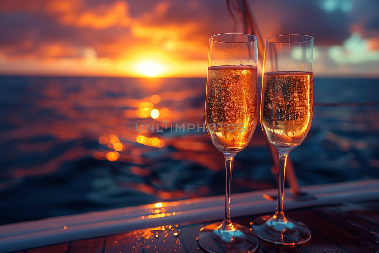 Two glasses filled with champagne placed on a wooden table, ready to be enjoyed.