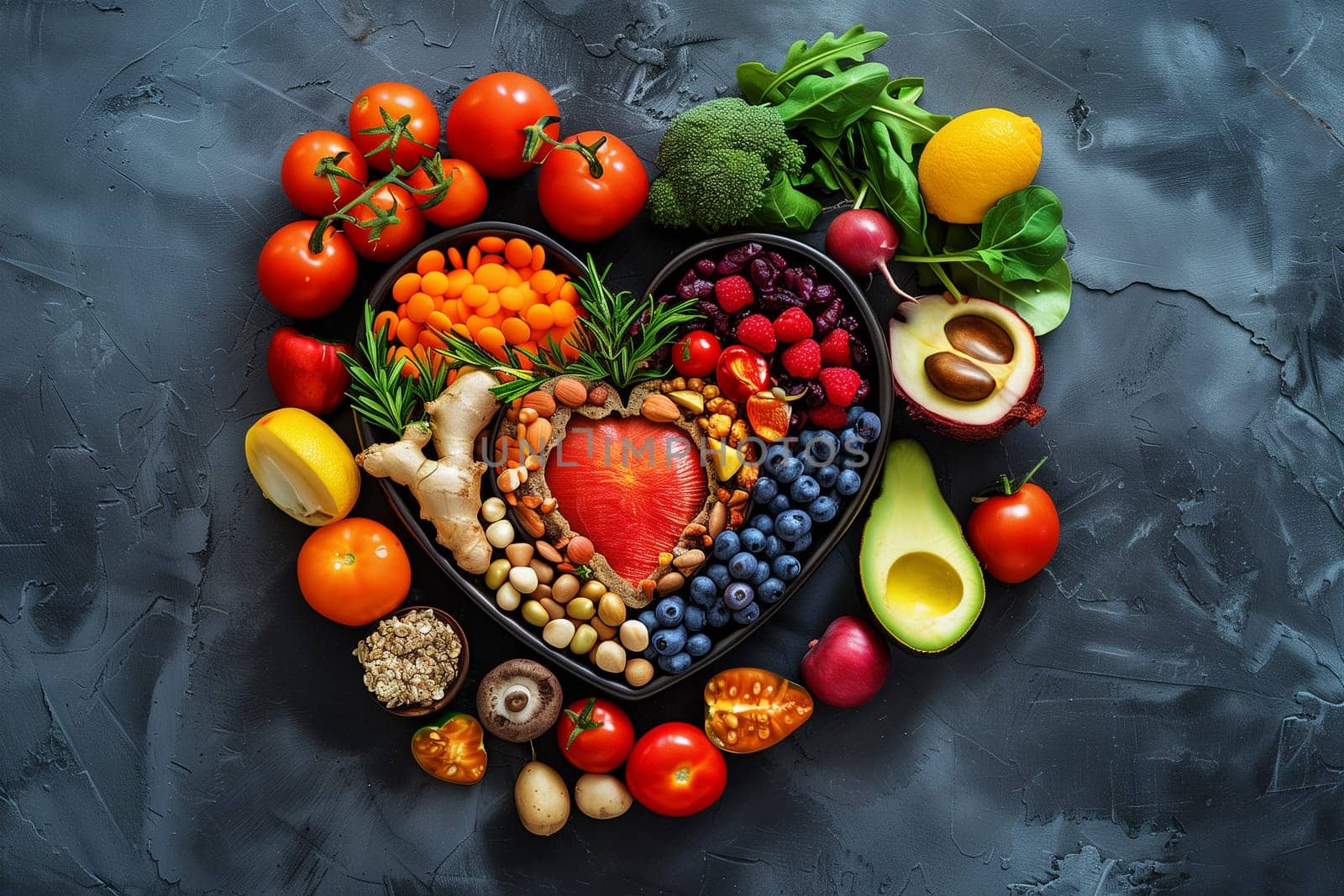 Heart shaped arrangement made from a variety of vibrant fruits and vegetables, showcasing colors and shapes in a creative display.