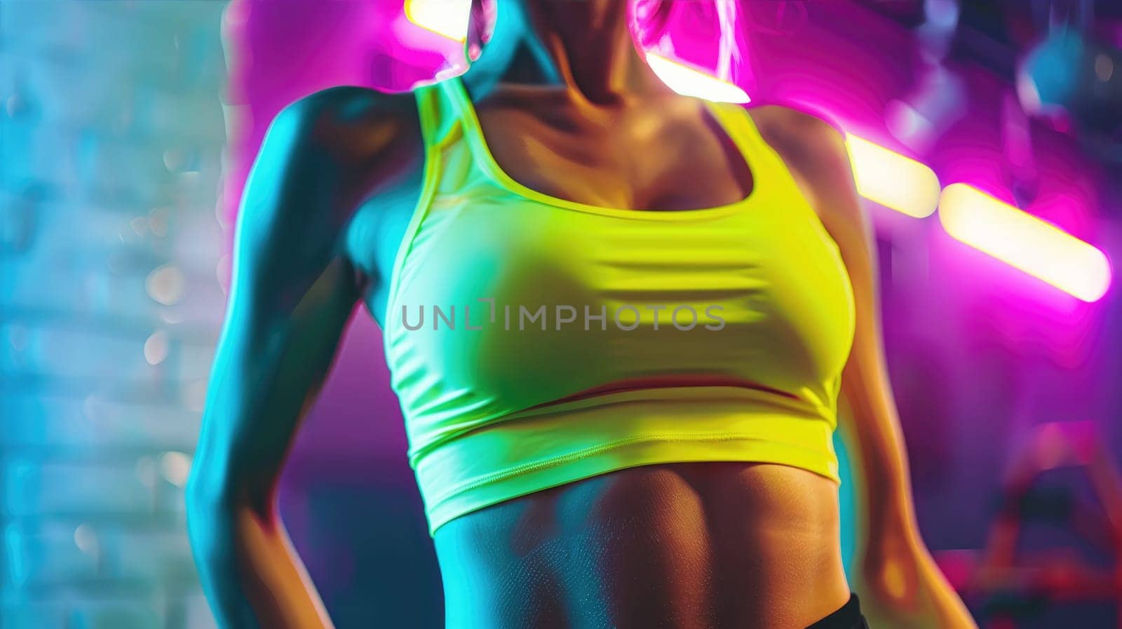 Abdominal muscles of fit fitness woman in neon top by natali_brill