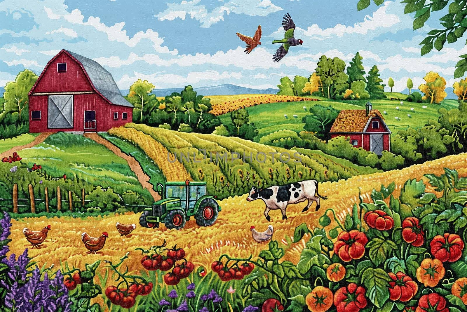 A realistic painting depicting a busy farm scene. A red tractor is in the foreground, with chickens pecking around. The background shows fields and a barn.
