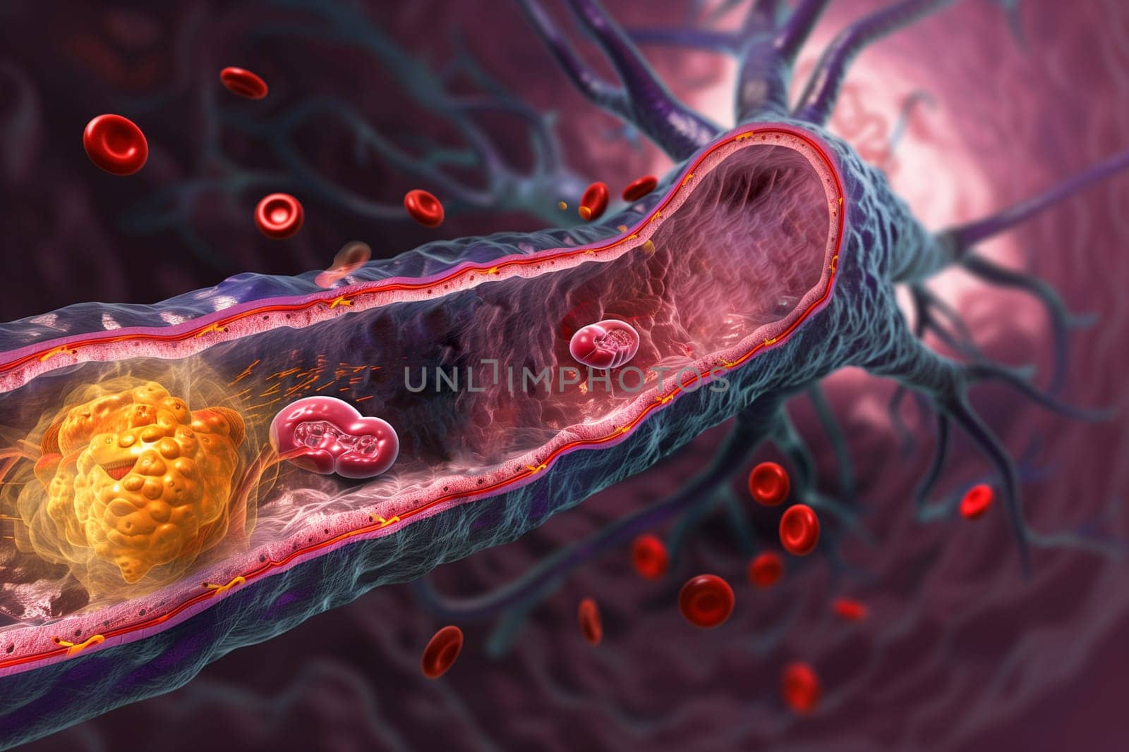 A high-resolution digital illustration showcasing the interior of a human artery with red blood cells and plaque buildup.