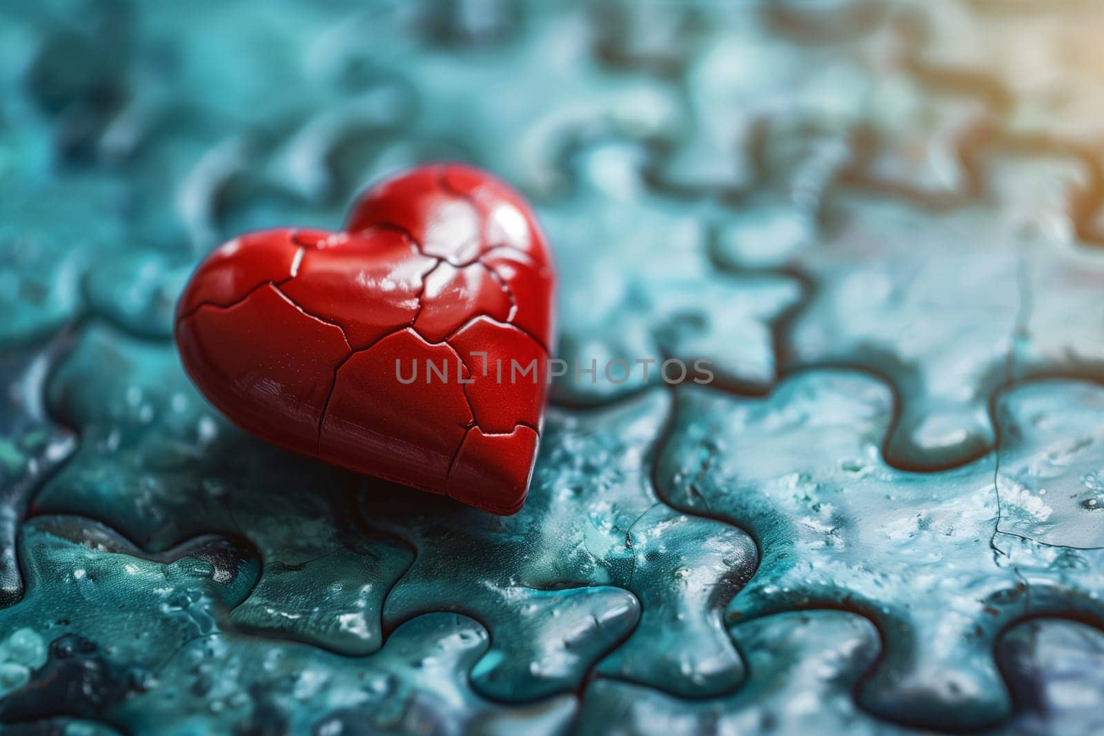 A red heart shape placed on a single puzzle piece, symbolizing love and connection.