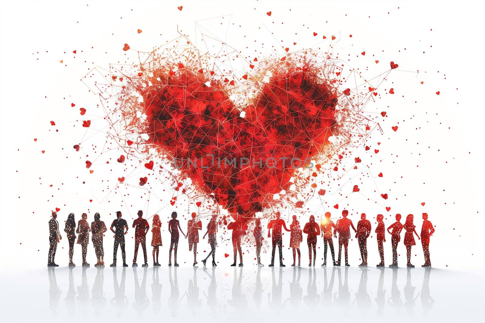 A group of diverse individuals standing together in front of a large heart structure, symbolizing unity and love.
