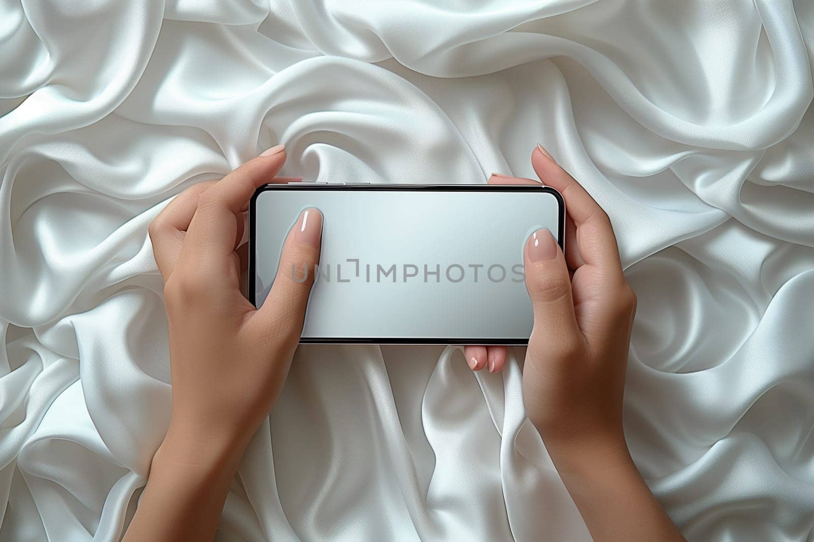 A person sitting on a bed, holding a cell phone in their hand.