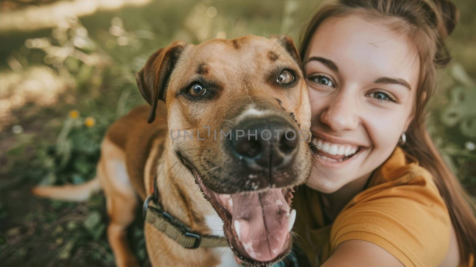 Smiling woman taking selfie with her dog AI