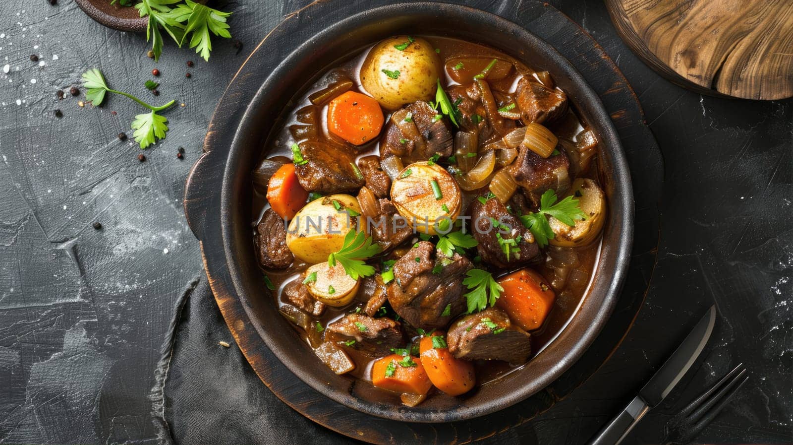 Potatoes baked in a pan with pieces of meat and vegetables AI