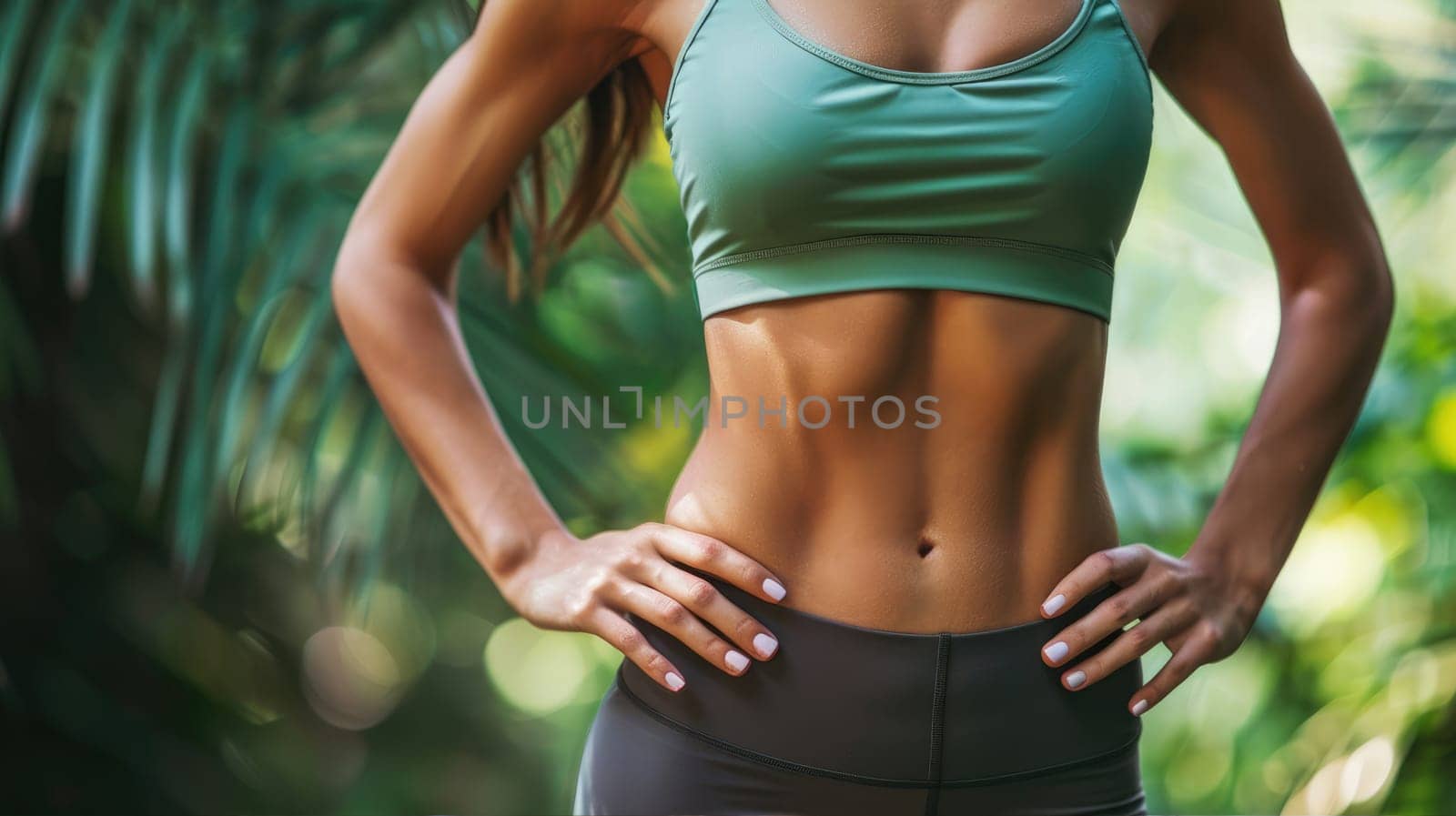 Abdominal muscles of fit fitness woman in green top AI