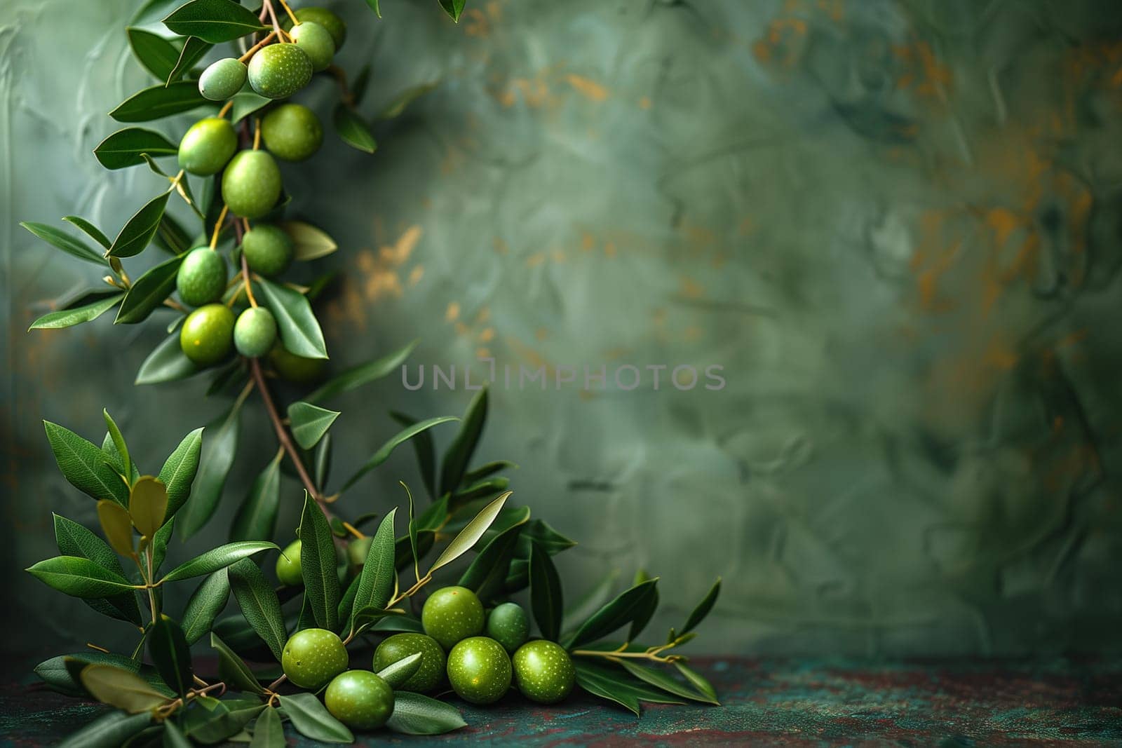 A branch heavy with ripe green olives is lying on a rustic surface, leaves interspersed among the fruit, with a soft-focus backdrop suggesting a tranquil setting.