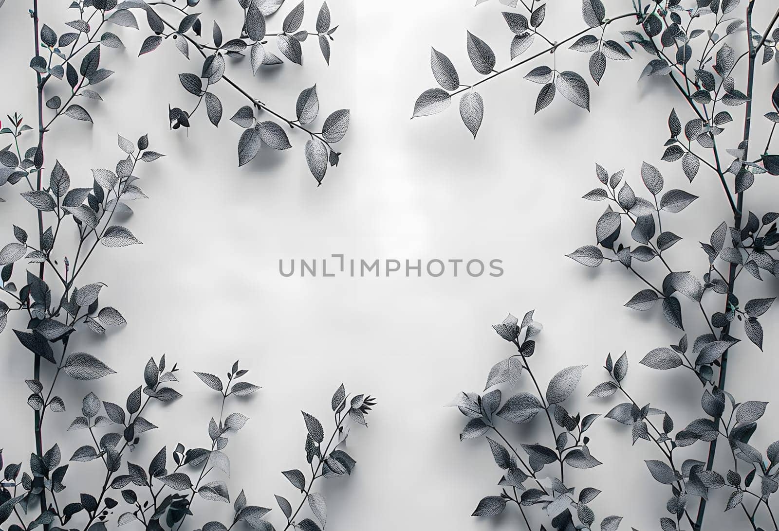 A monochrome photography of a plant with leaves on a white background, showcasing the natural landscape. The contrast of black and white creates a beautiful pattern