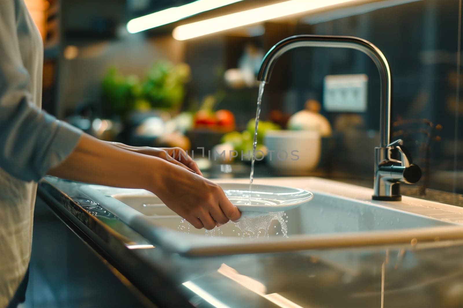 A person stands at a kitchen sink, scrubbing their hands meticulously with soap and water.