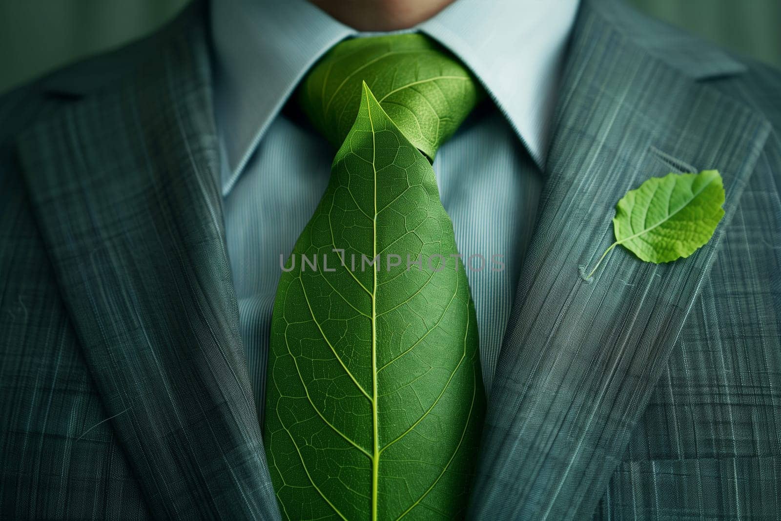 Businessman in suit with green leaf as tie. Environment save concept.