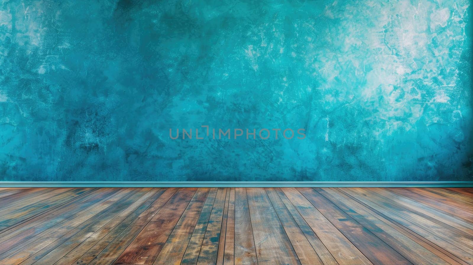 Blue turquoise empty wall and wooden floor by natali_brill