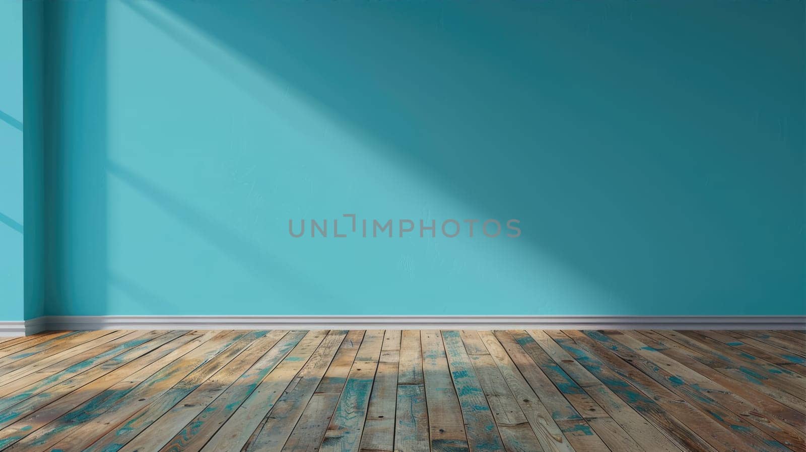Blue turquoise empty wall and wooden floor AI