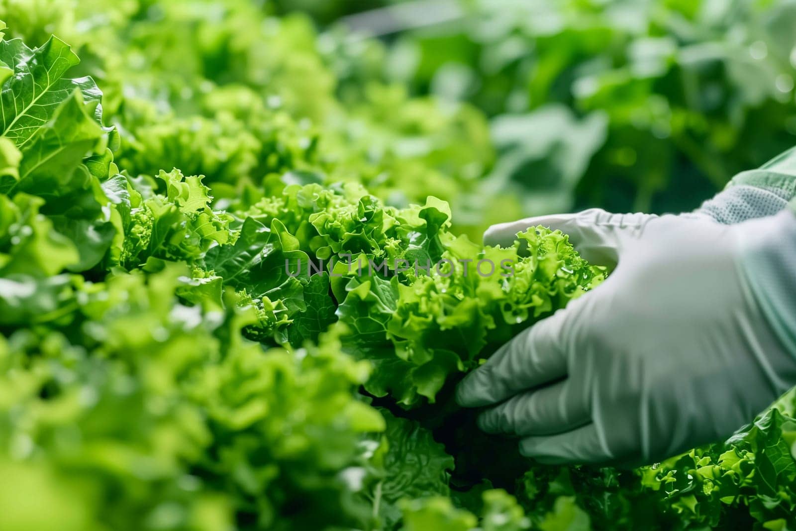 A person wearing gloves is picking fresh lettuce from a field.
