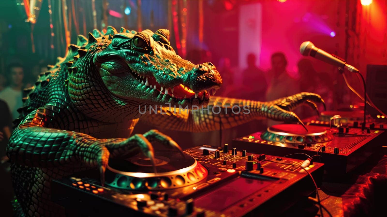 Alligator DJ Crocodile at a party in night club AI