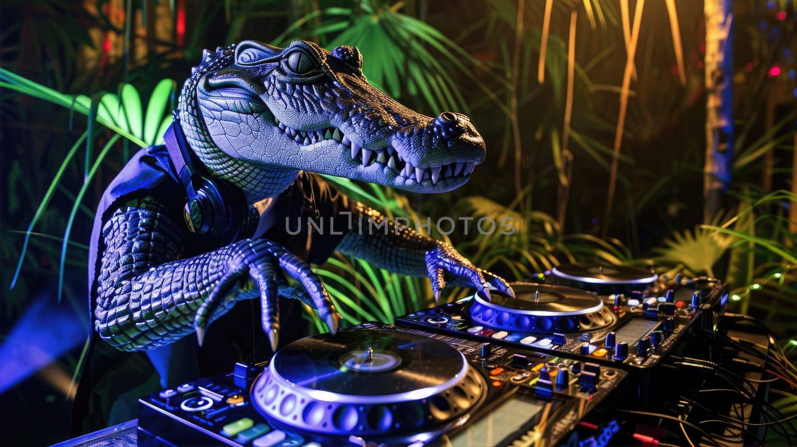 Alligator DJ Crocodile at a party in night club AI