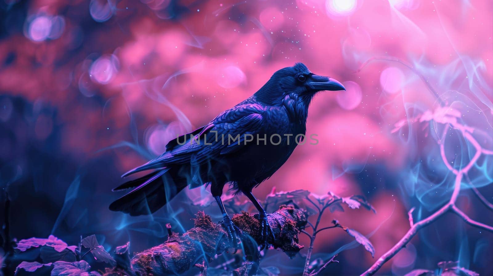 Black crows in misty forest. Fantasy world. Crow and magic atmosphere by natali_brill
