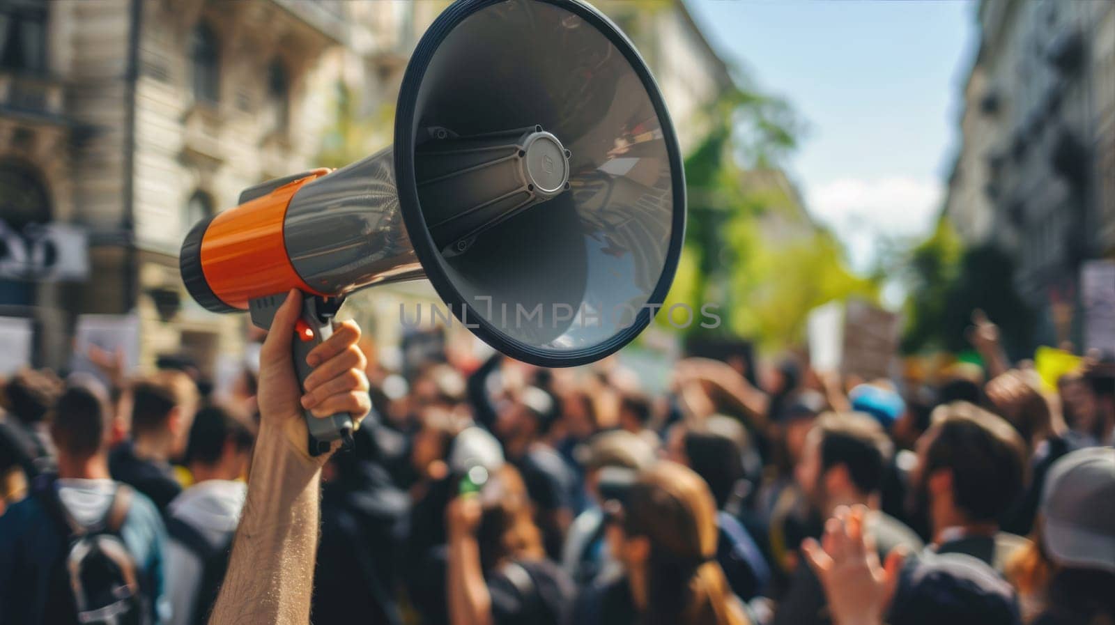 Crowd protesting in the street with focus on loud speaker in hand by natali_brill