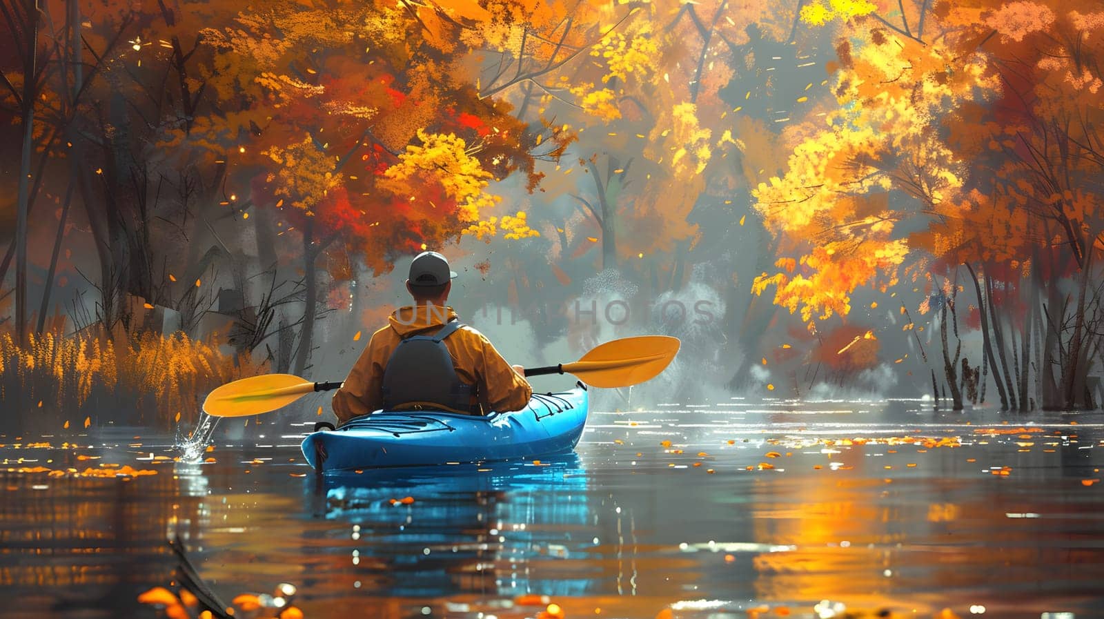 Man paddles orange kayak on river in autumn, surrounded by natural landscape by Nadtochiy