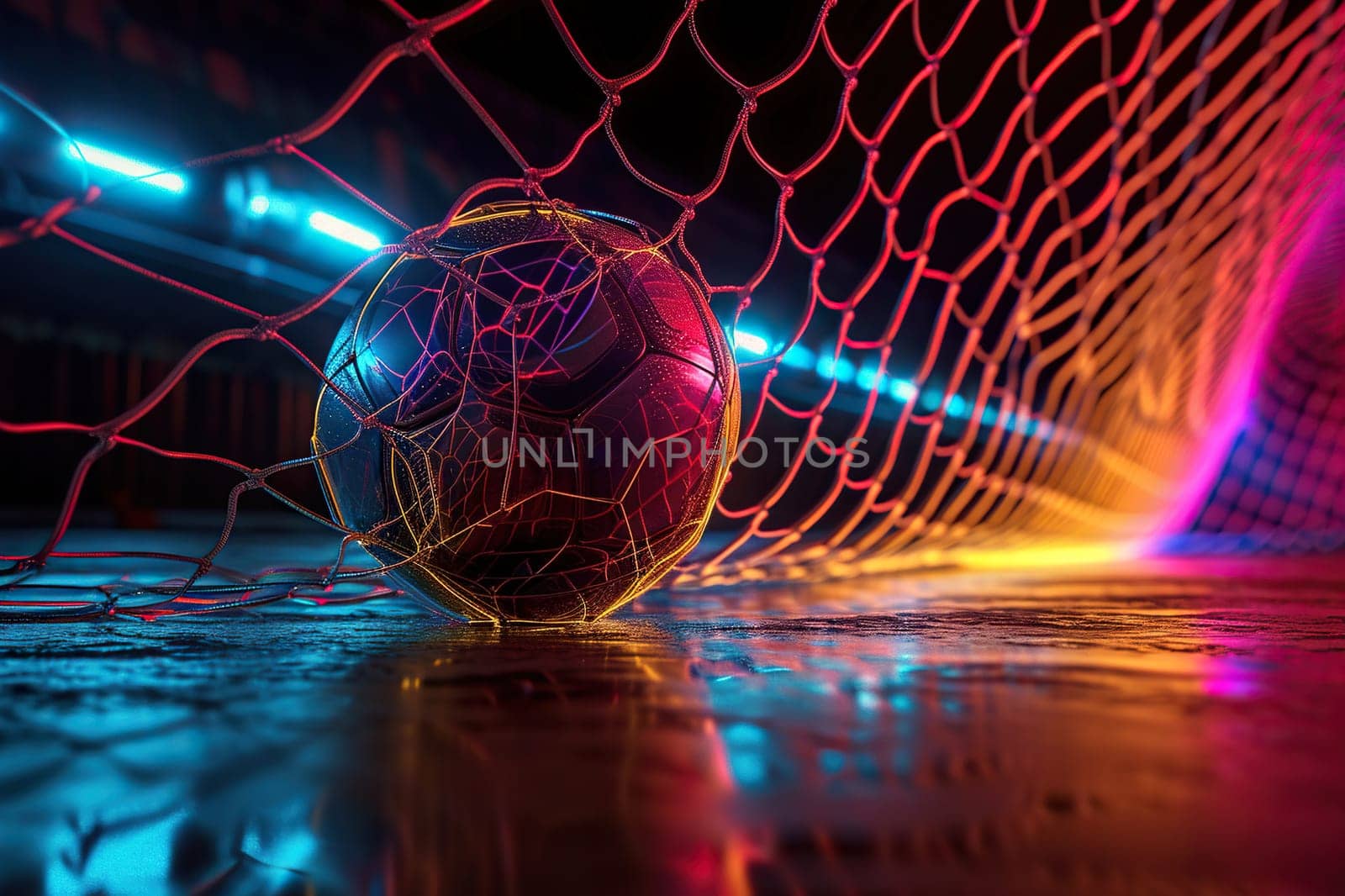 A soccer ball in a goal with a net in a neon glow.