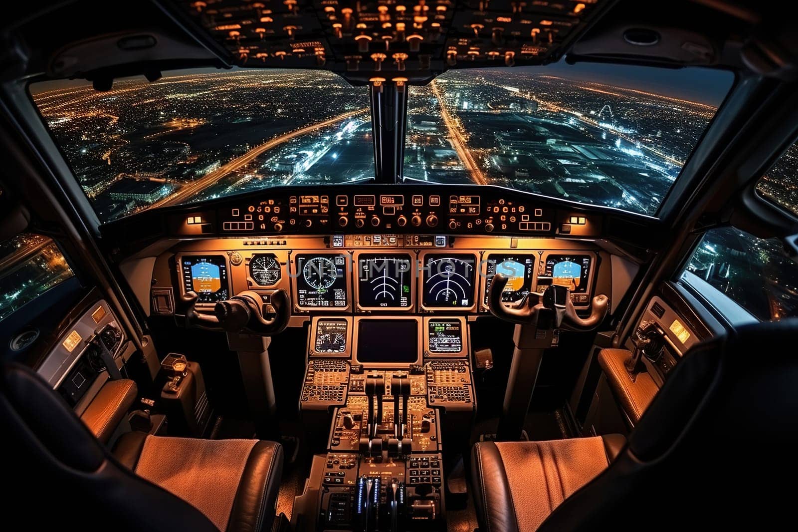 Inside view of an airplane cockpit with a glowing instrument panel.