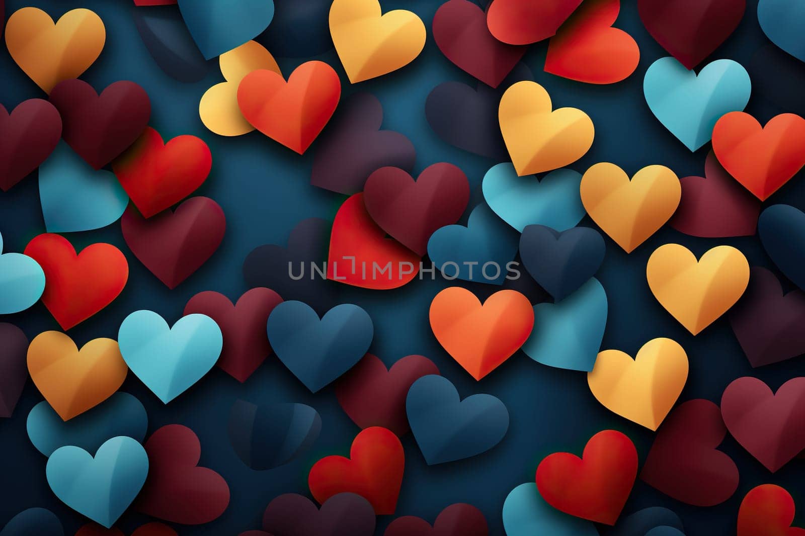 Blue horizontal background with colored hearts. Generated by artificial intelligence by Vovmar