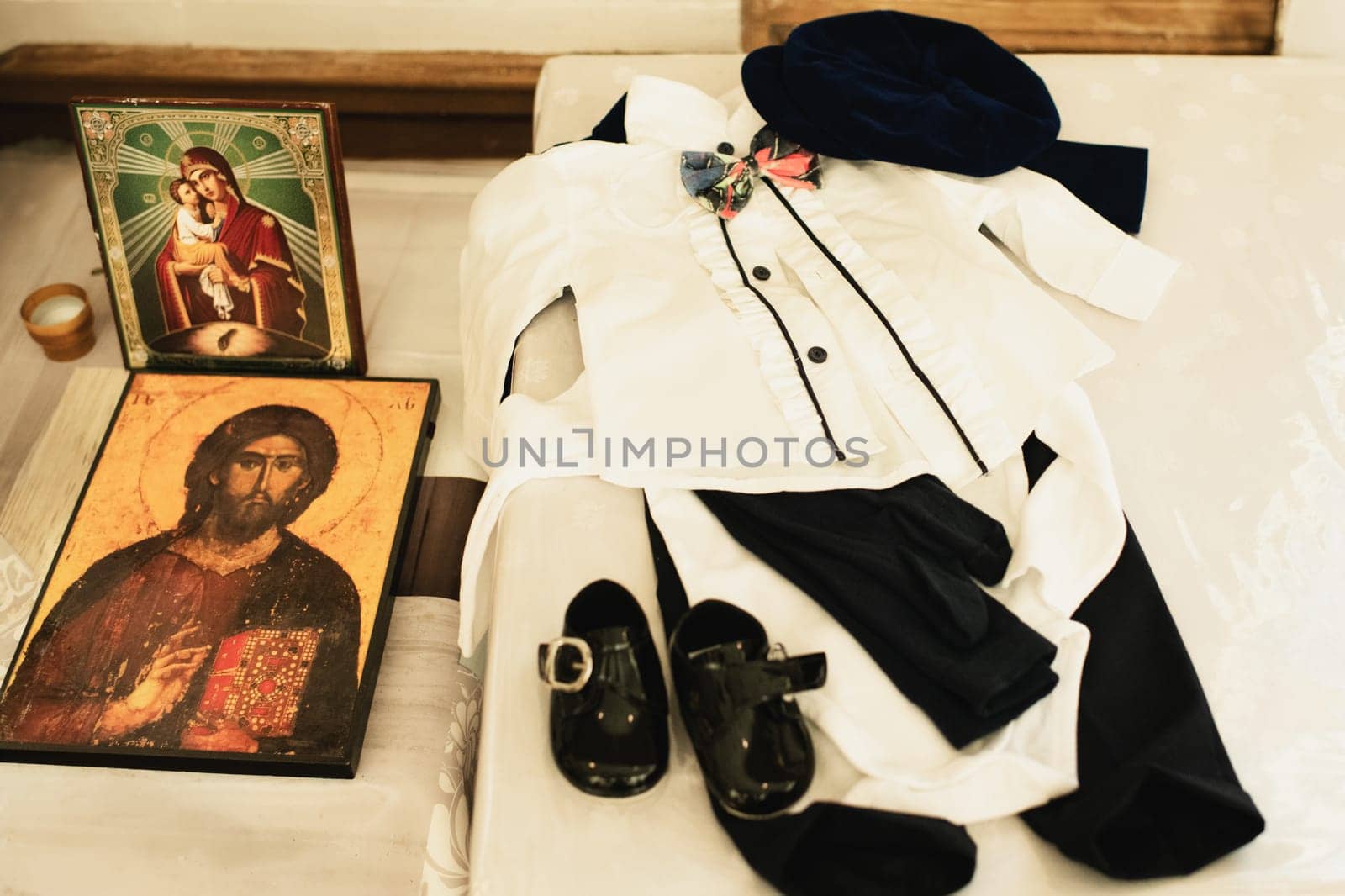 Clothes for changing after baptism in church Christianity