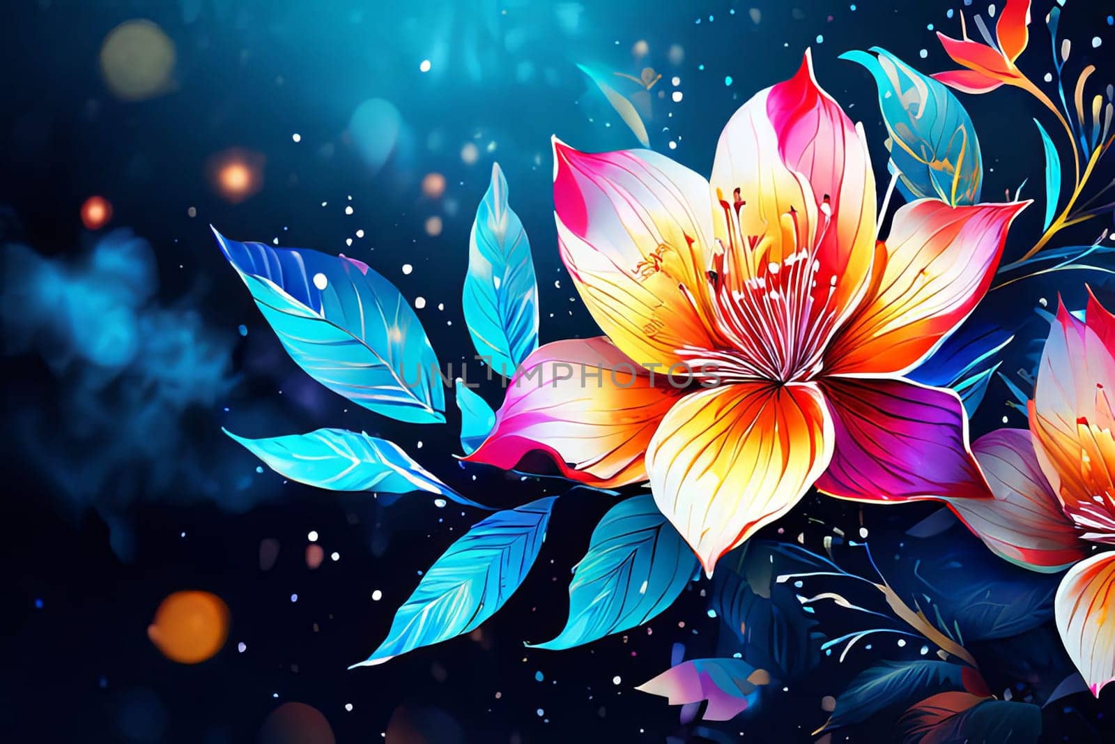 Vibrant flower painting set against dark backdrop. Bright colors of flowers pop out, creating visually appealing, captivating piece of artwork. For art, creative projects, fashion, style, magazines