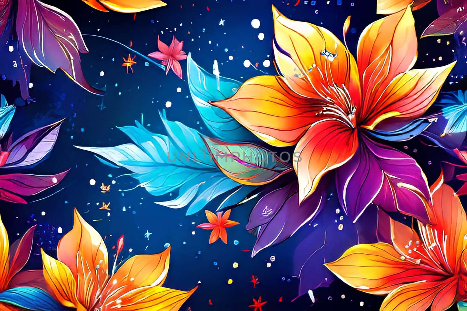 Contrast between bright flowers, dark background gives image special atmosphere, appeal, highlighting its beauty wonder. For home interior, bedroom, living room, childrens room to add bright colors